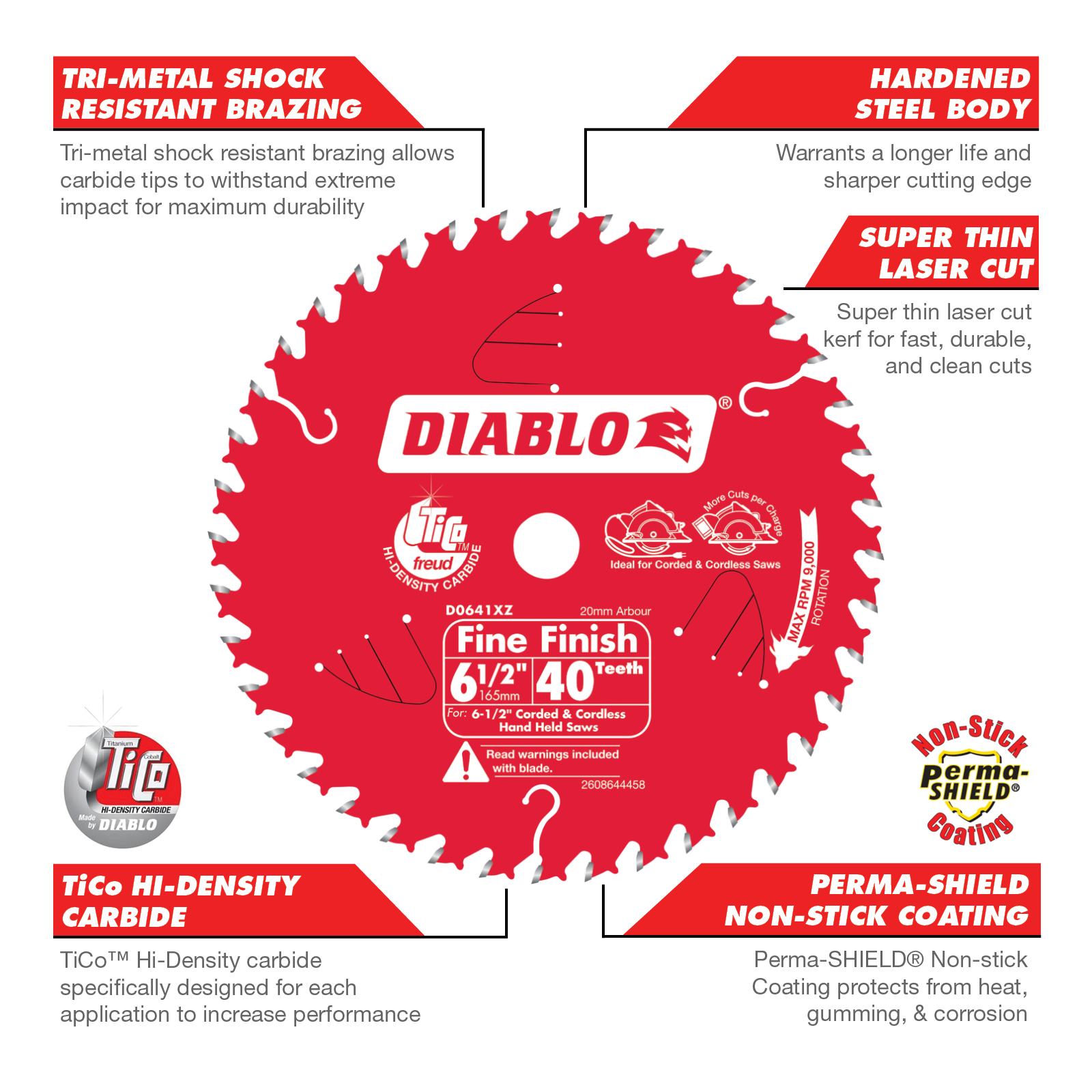 Diablo 165mm 40T Fine Finish Circular Saw Blade - 20mm Arbor for Ripping & Crosscutting