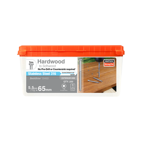 Simpson Strong-Tie 12G 5.5mm x 65mm 316 Stainless Decking Screws 250 Pack