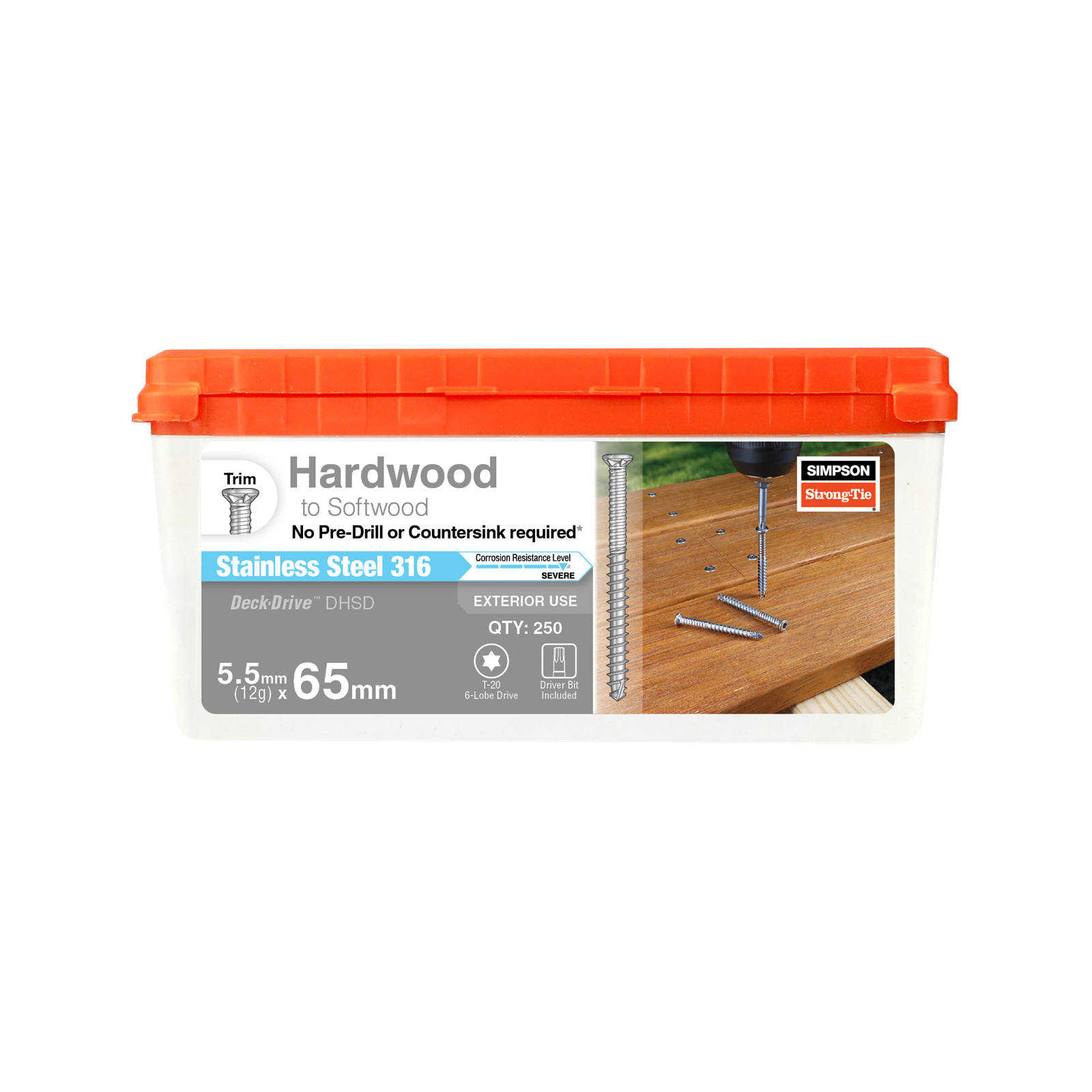 Simpson Strong-Tie 12G 5.5mm x 65mm 316 Stainless Decking Screws 250 Pack