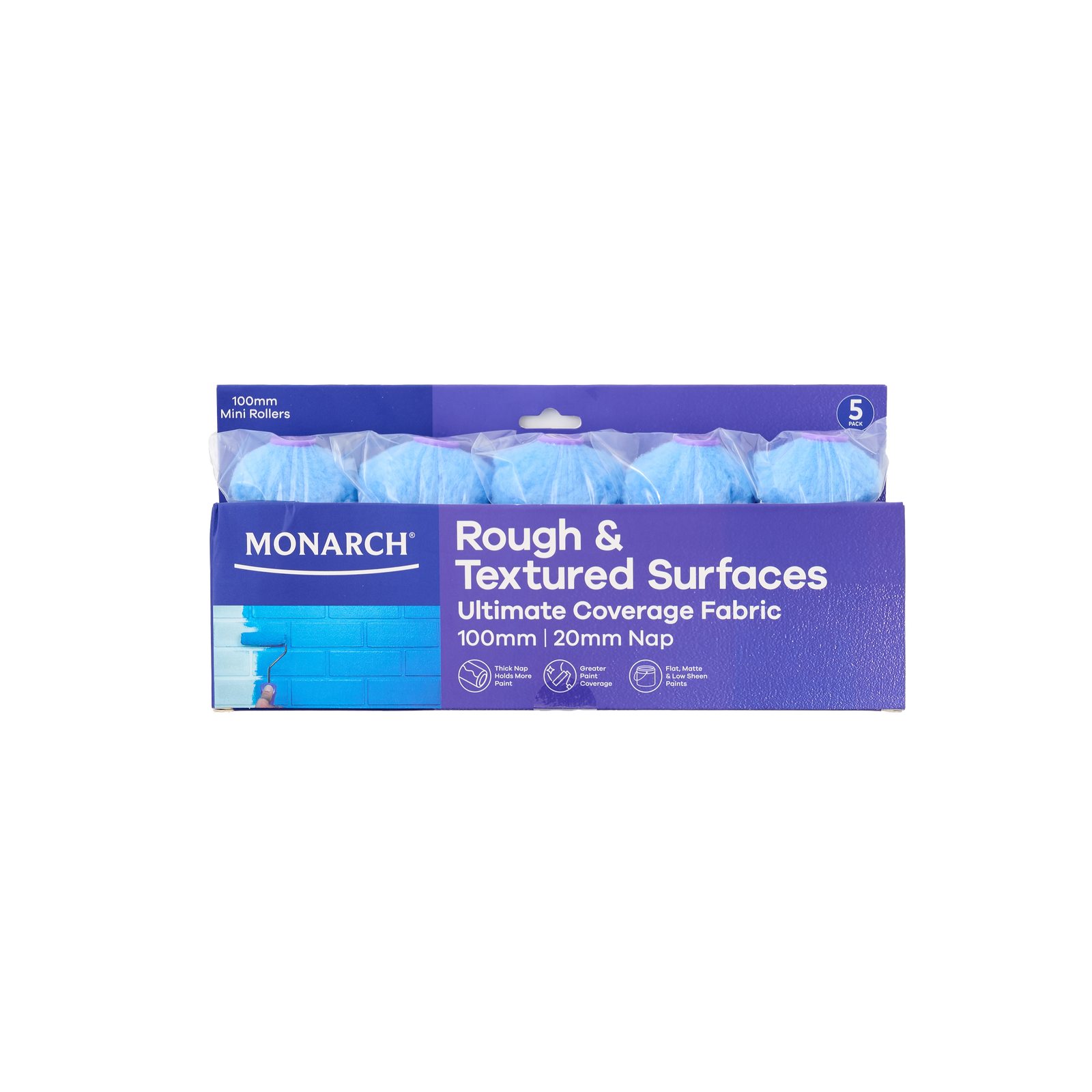 Monarch 100mm 20mm Nap Woven Polyester Rough & Textured Mini Rollers 5 Pack