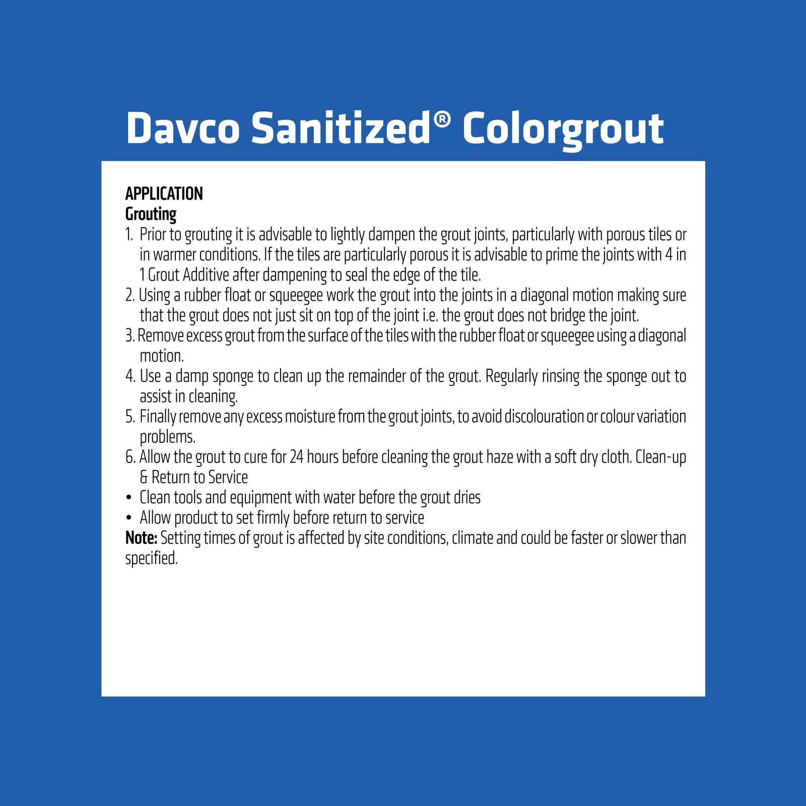 Davco 1.5kg White #01 Sanitized Colourgrout - Cement Based, Mould Resistant, Wall & Floor