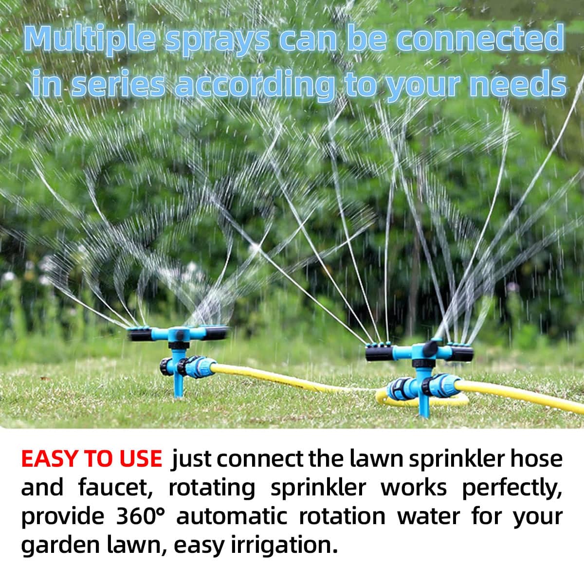360° Rotating Lawn Sprinkler, 3-Arm Garden Watering - Blue - view 5