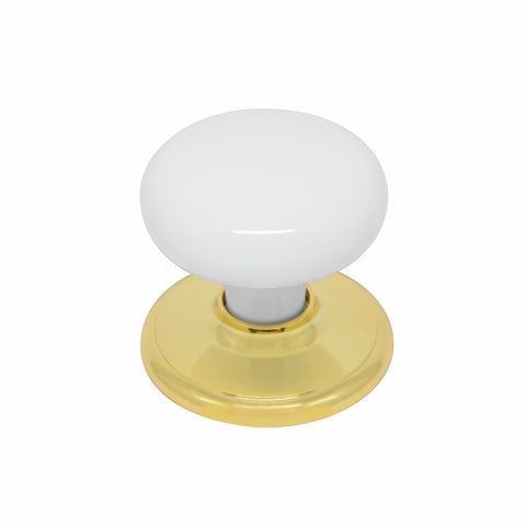 Ikonic White Heritage Door Knob with Brass Rosette - 60mm, Suits 35-45mm Doors