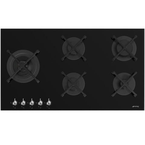 Smeg 90cm 5 Burner Gas on Glass Cooktop - Black Tempered Glass - Wok Burner - PV395LNAU