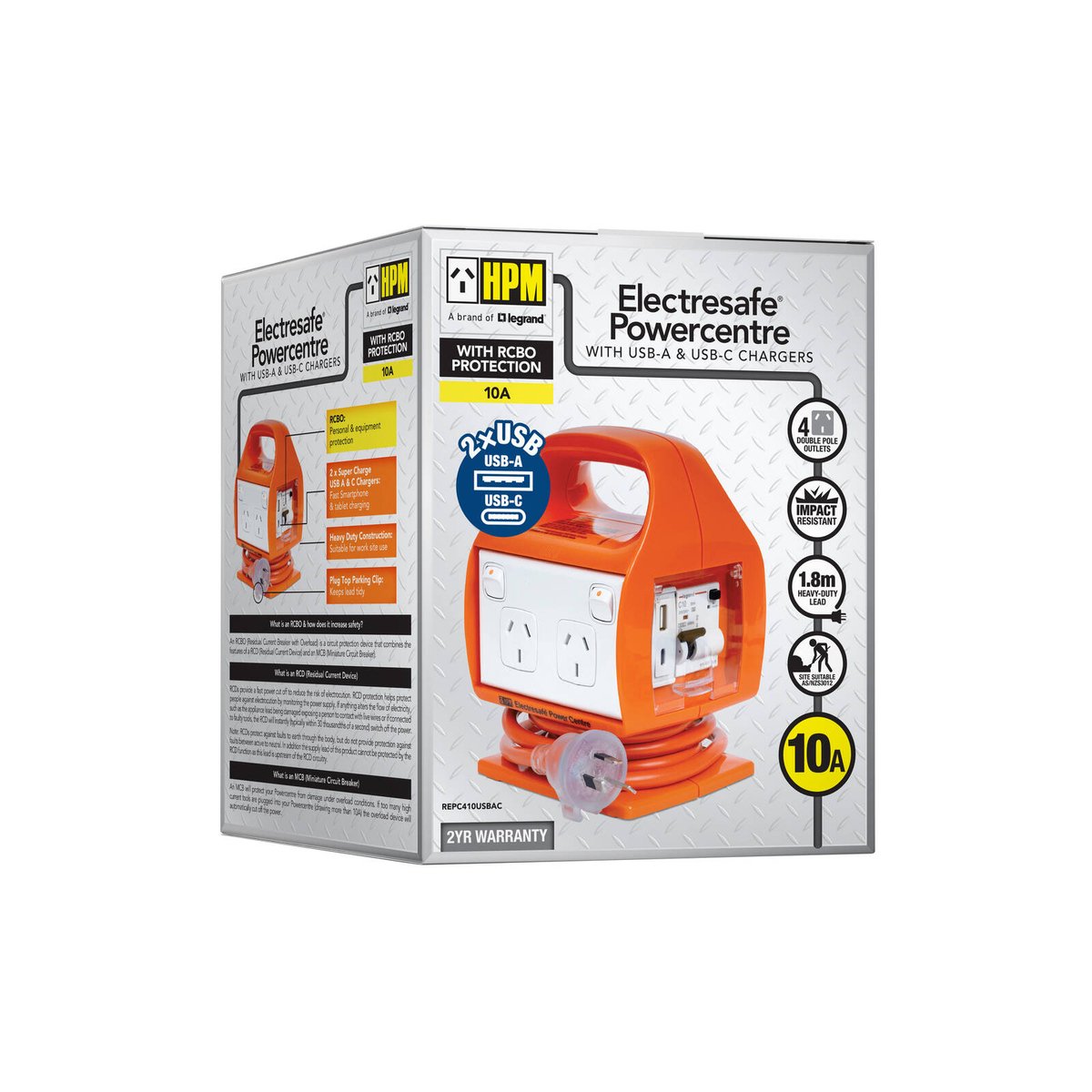HPM Worksite Orange Plastic Portable Powerboard 10A 2400W USB Type A and C REPC410USBAC