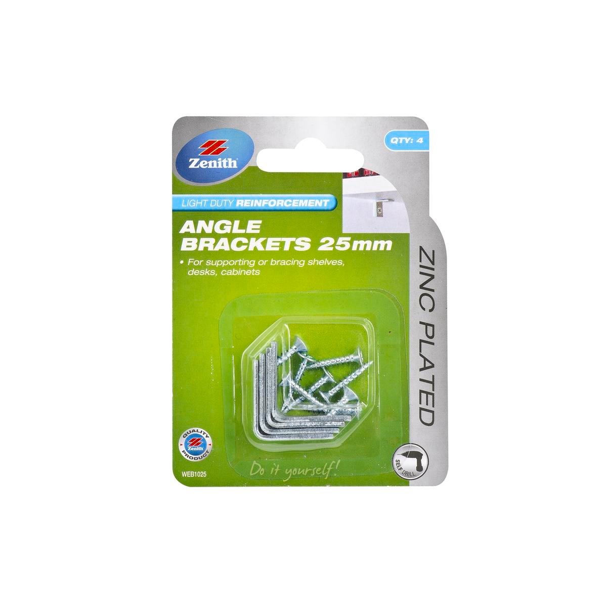 Zenith 25mm Zinc Plated Steel Angle Brackets, 4 Pack with Screws for Shelves and Cabinets