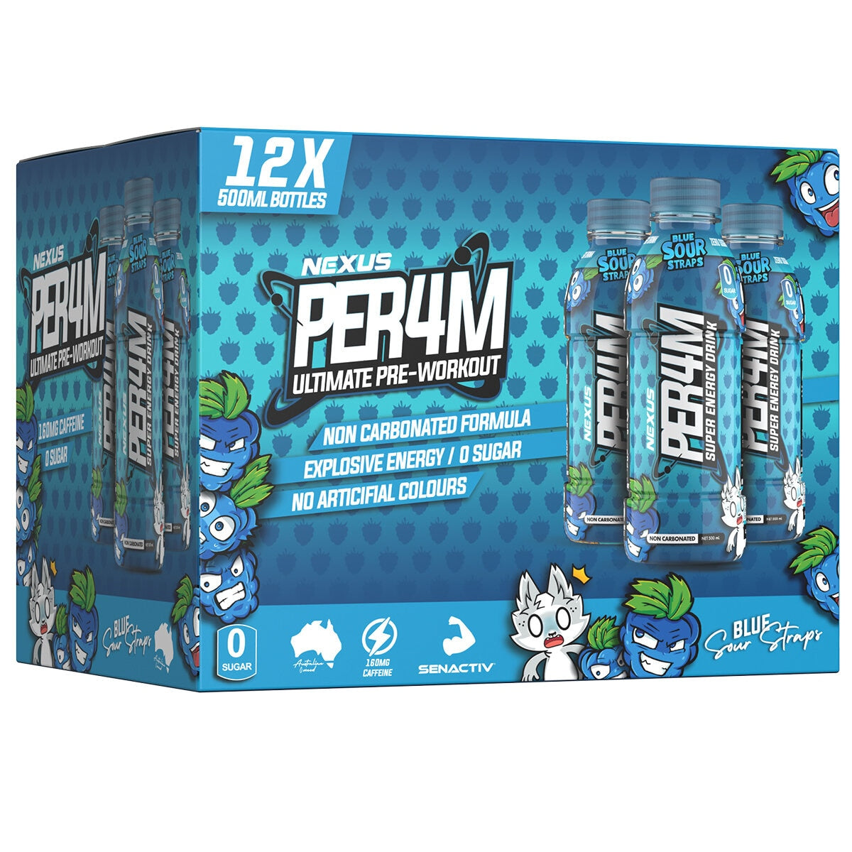 Nexus Sports Nutrition Per4m Pre-Workout Drink Blue Sour Straps 500ml - Caffeine, Senactive, L-Tyrosine, L-Theanine, Beta Alanine - SuperSaverAU - view 1