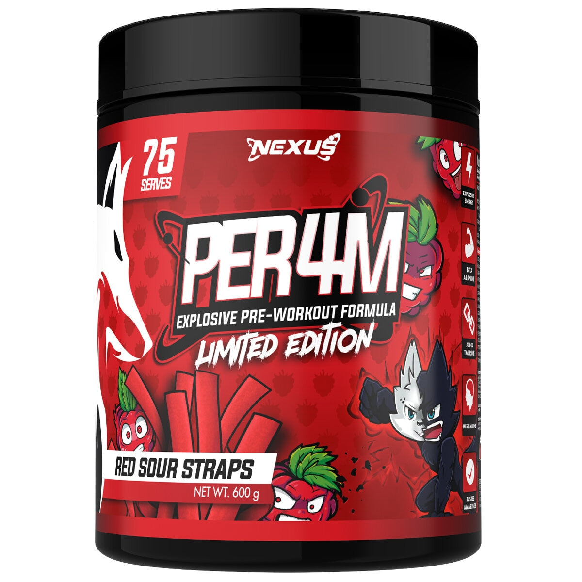 Nexus PER4M Pre-Workout 600g Red Sour Straps with 17 Advanced Ingredients - SuperSaverAU - view 1
