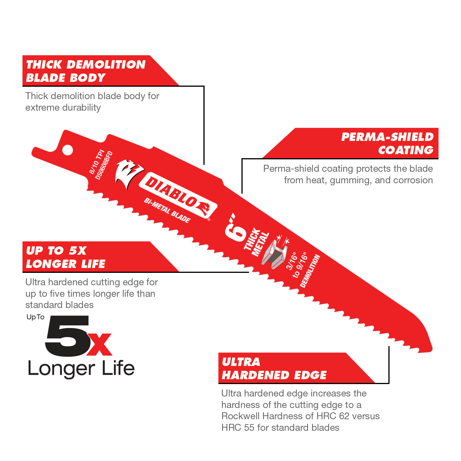 Diablo 6" Bi-Metal Reciprocating Saw Blades for Thick Metal/Demolition, 5 Pack