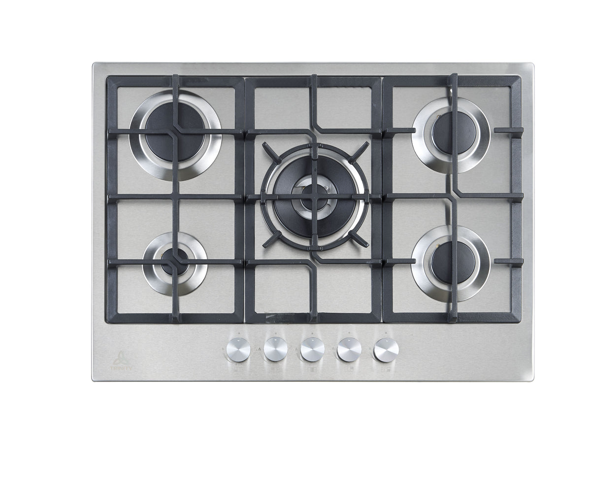 Trinity 70cm 5 Burner Gas Cooktop - Stainless Steel - Wok Burner - Cast Iron Trivets - TRG700SS