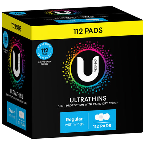 U By Kotex Ultrathin Regular Pads With Wings 112 Pack - 5 in 1 Protection, Rapid Dry - SuperSaverAU - view 1