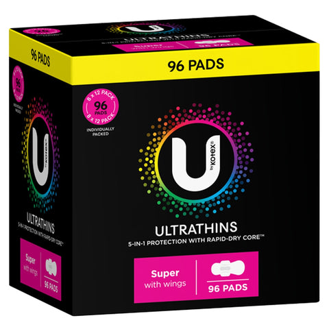 U by Kotex Ultrathin Super Pads with Wings, 96 Pack, Rapid-Dry Core, Flexible - SuperSaverAU - view 1