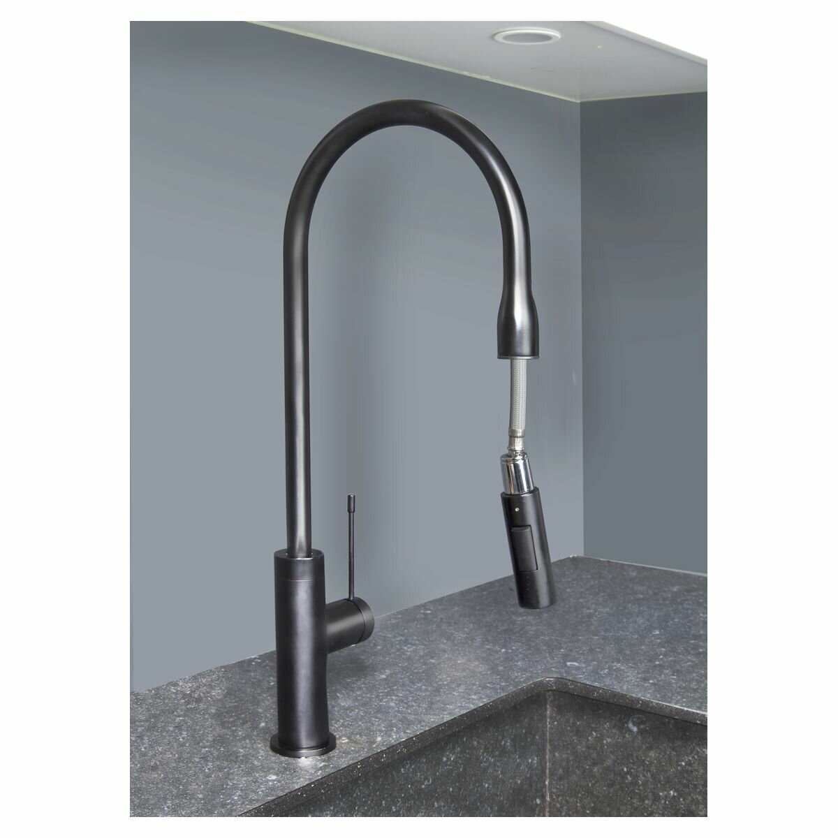 Artusi gooseneck mixer tap with pull out hose - electroplated matt black - 6 star WELS - ASM201B