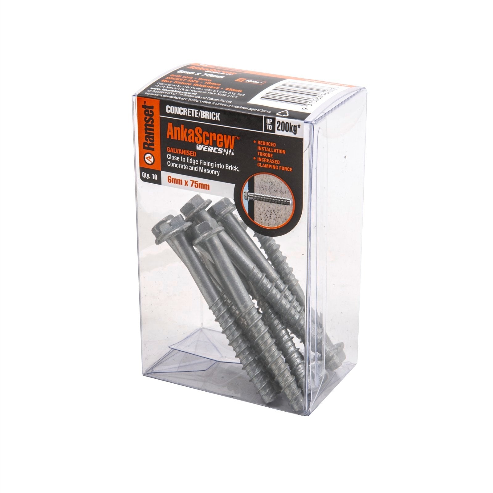 Ramset AnkaScrew 6 x 75mm Galvanised Masonry Anchor - Flanged Hex Screw-In - 10 Pack