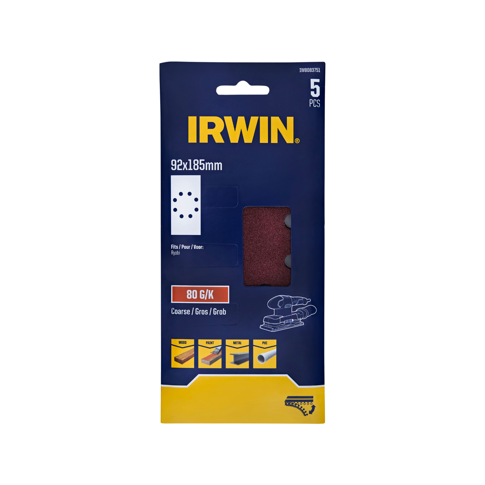 IRWIN 92 x 185mm 80 Grit Orbital Sanding Sheets - 5 Pack