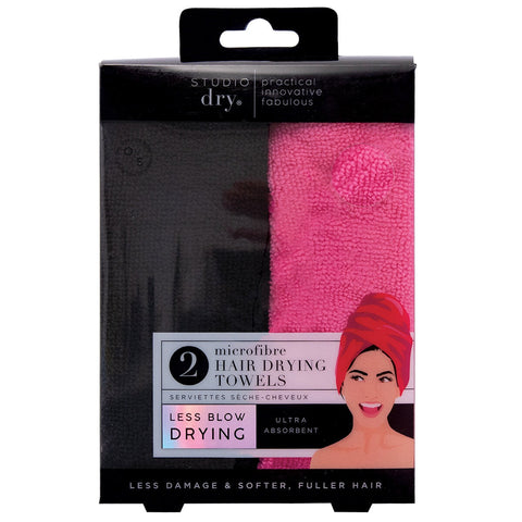 Studio Dry Microfibre Hair Towels 2 Pack SD8176PBCC - Quick Dry, Frizz Reduction, Black/Pink - SuperSaverAU - view 1