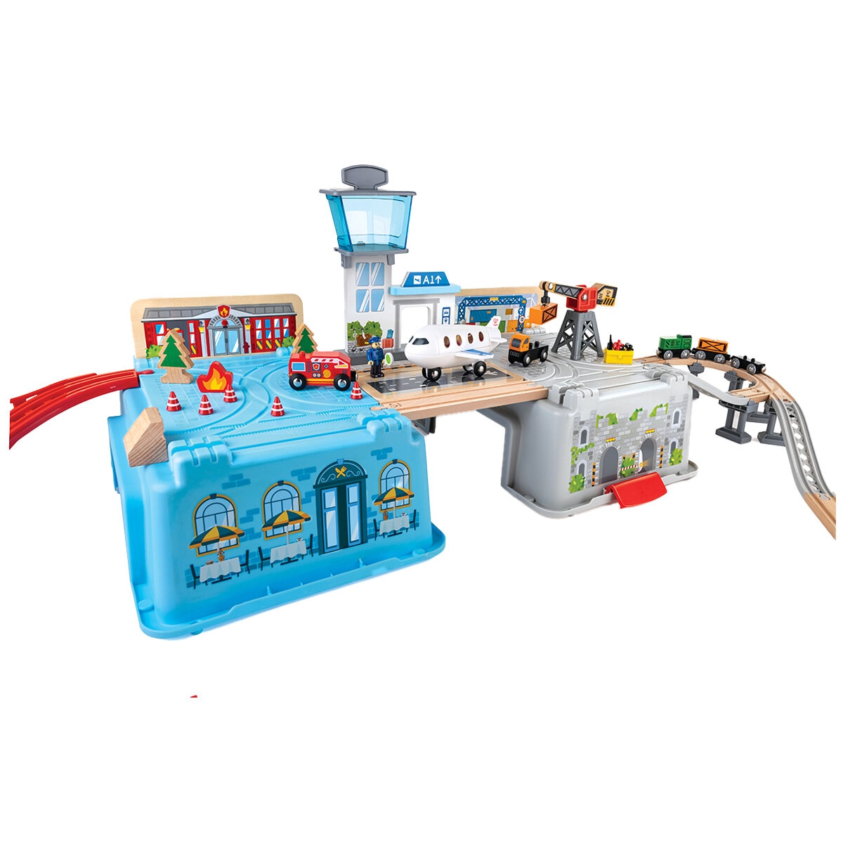 Hape Super Cityscape Transport Set E3773 - 80-Piece Railway with Battery Engine & Accessories - SuperSaverAU - view 2