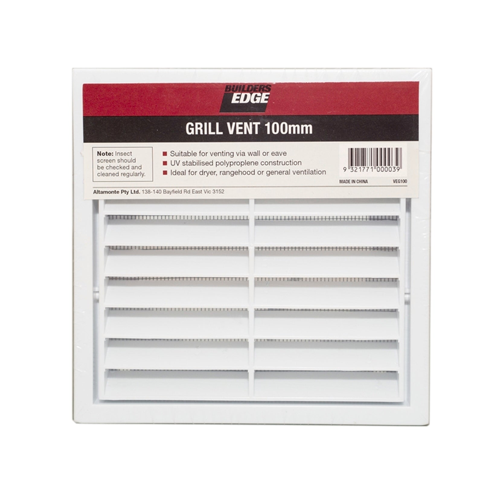 Builders Edge 100mm White Polypropylene Grill Vent with Insect Screen
