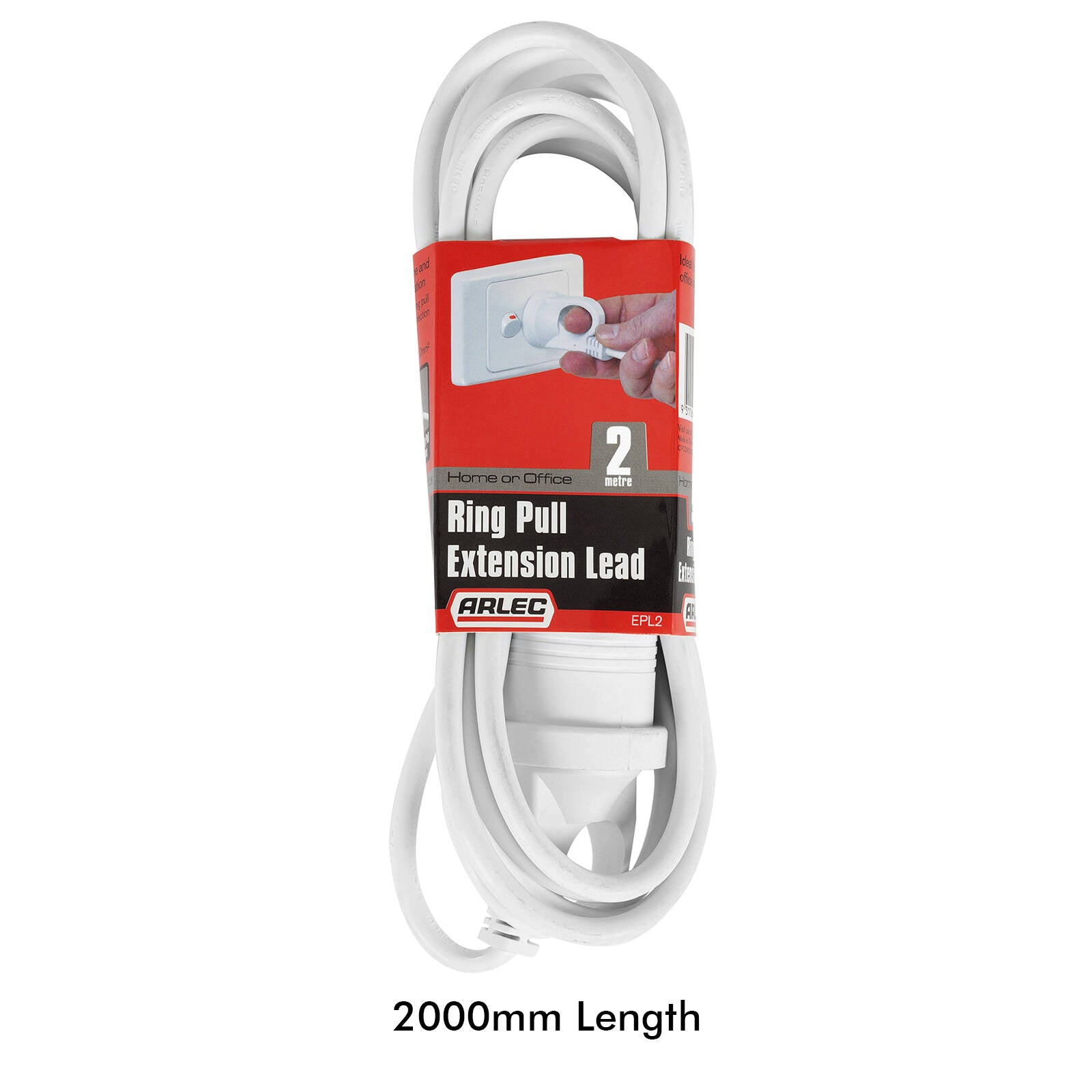 Arlec 2m White Ring Pull Extension Lead 10A 240V PVC Indoor
