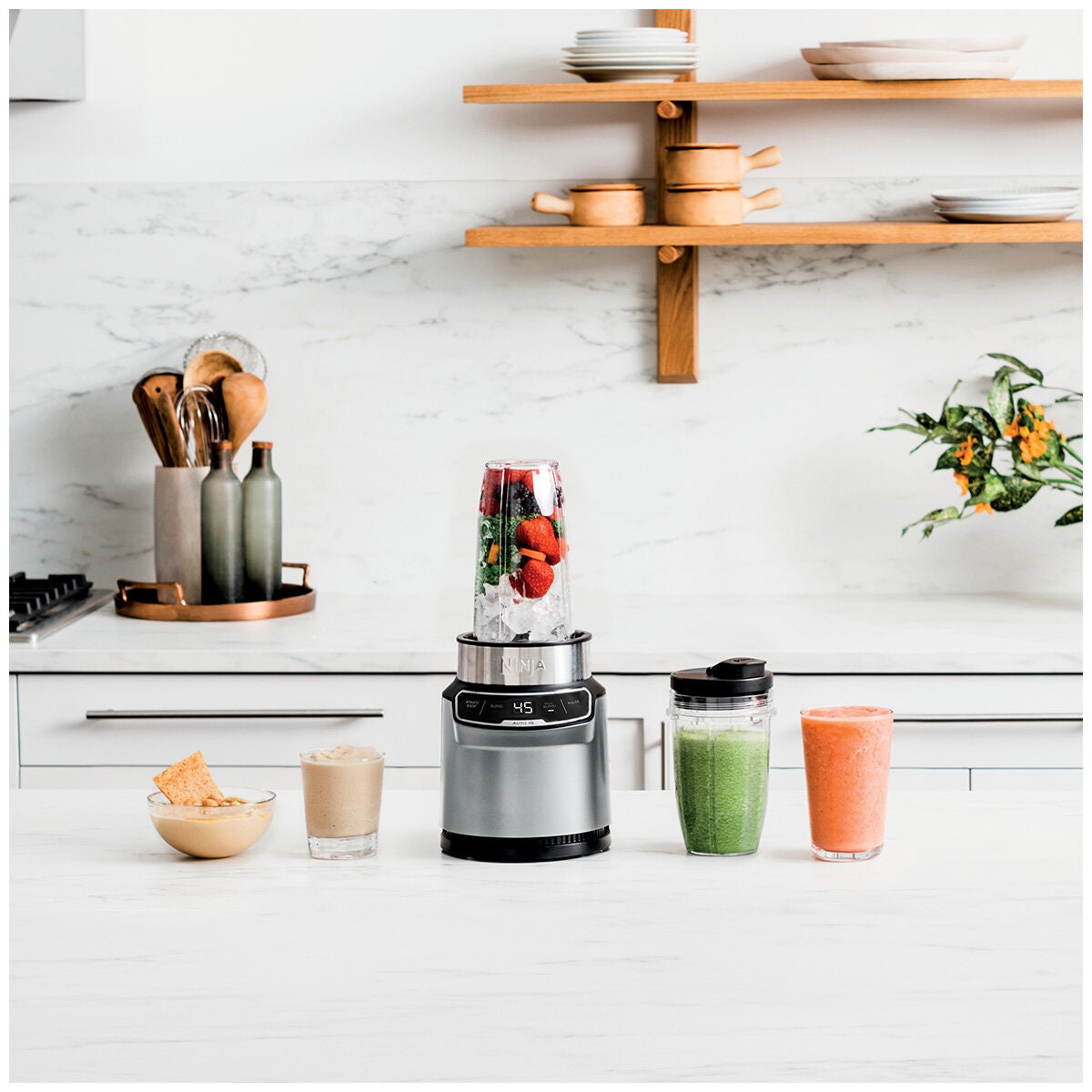 Ninja Nutri Blender Pro with Auto-iQ 1000W - Cloud Silver - Three Single-Serve Cups - BN500
