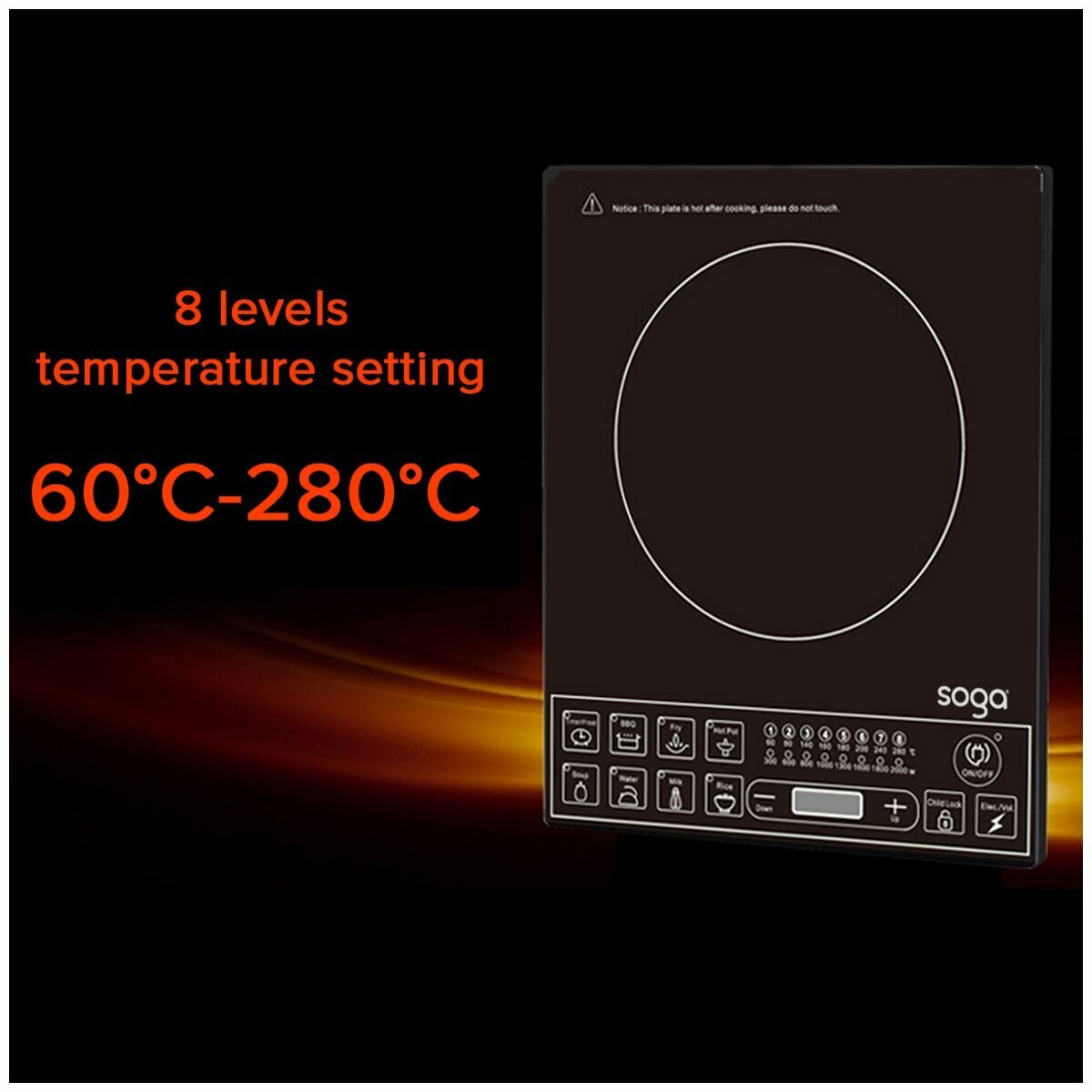 SOGA portable induction cooktop - 2kW, 8 temperature levels, 182mm zone, black ceramic glass - SG-ELECCT