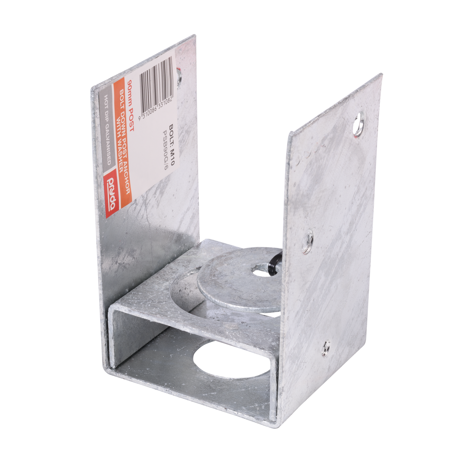 Pryda 90mm M10 Bolt Down Galvanised Steel Full Stirrup Post Anchor with Washer