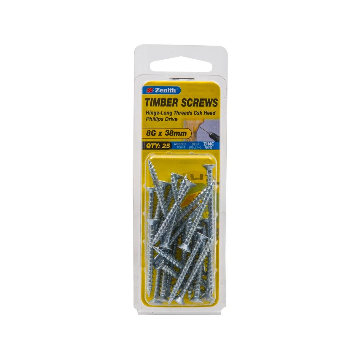 Zenith 8G x 38mm Zinc Plated Hinge-Long Thread Countersunk Timber Screws, 25 Pack