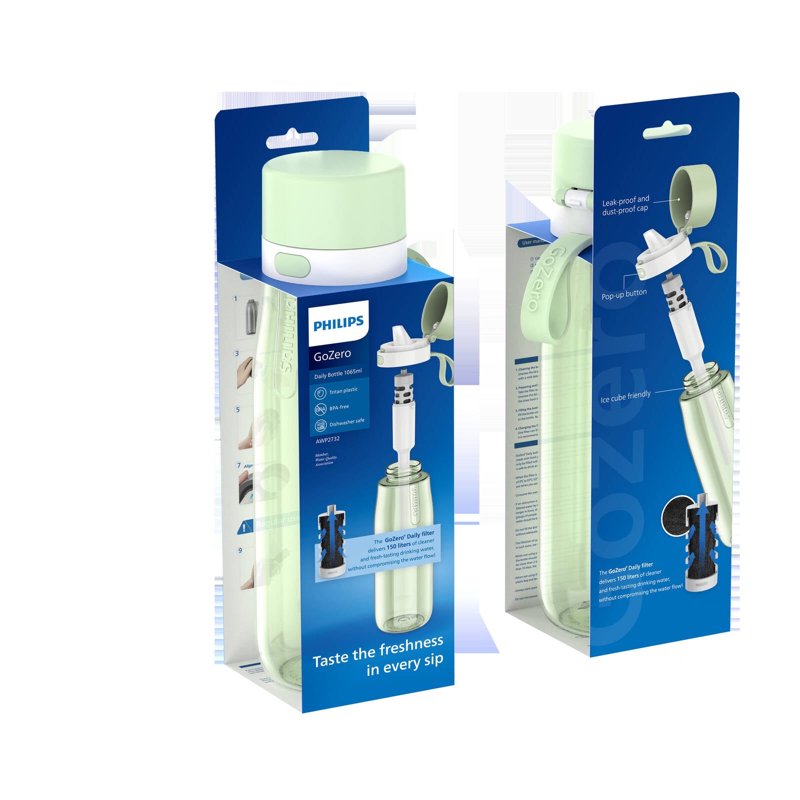 Philips GoZero Daily Straw Filtration Water Bottle XL 1065ml AWP2732