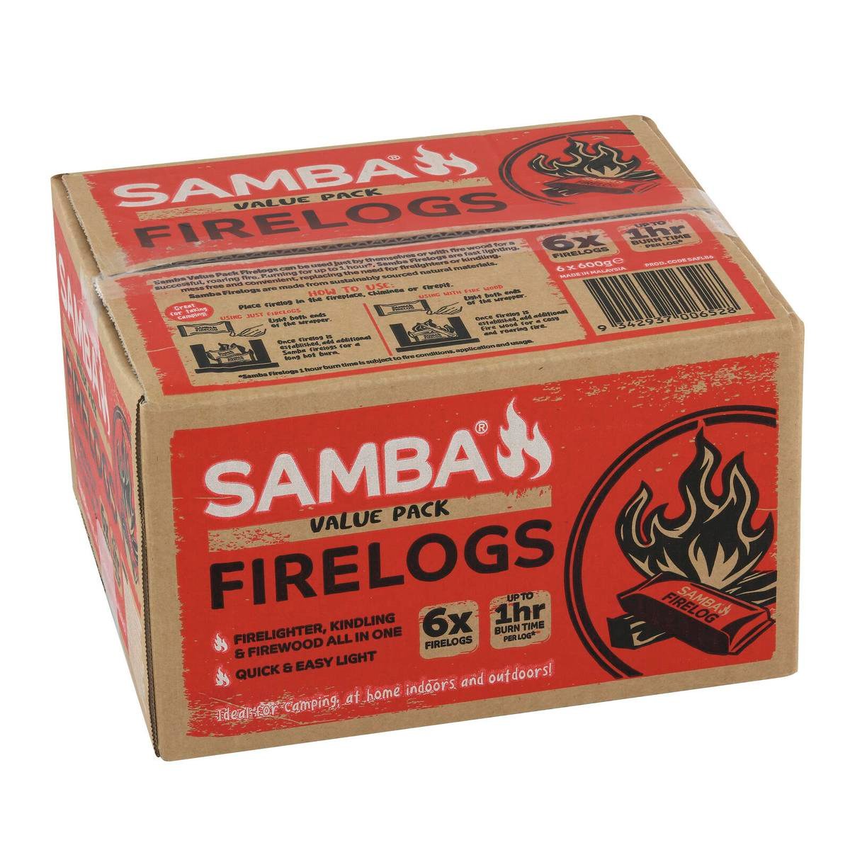 Samba 3 In 1 Fire Log, 6 Pack — Firelighter, Kindling and Firewood in One