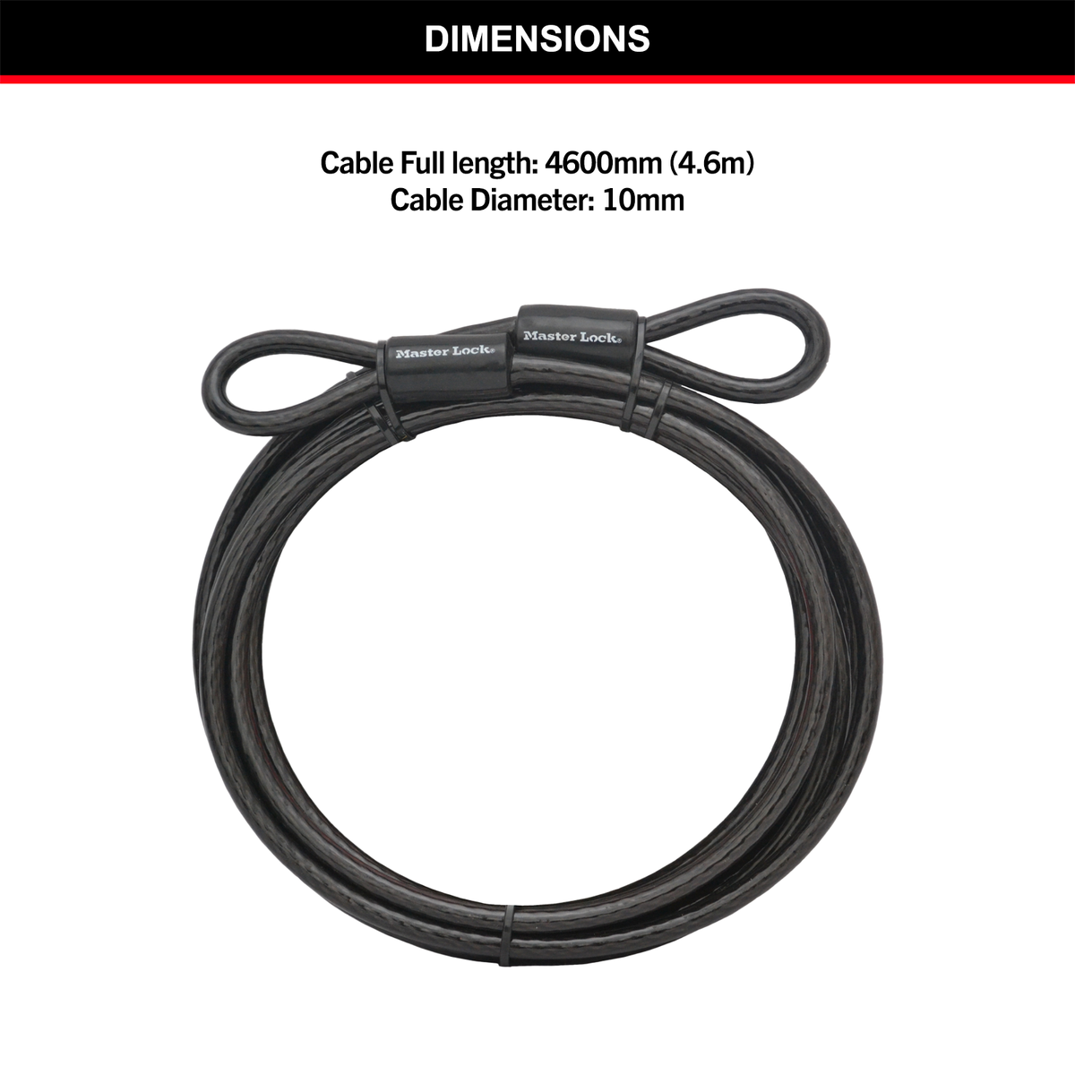 Master Lock 10mm x 4.6m Loop-Ended Braided Steel Cable, Vinyl-Coated, Black