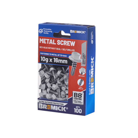 Bremick 10g x 16mm Carbon Steel Hex Metal Screws B8 Shale Grey - 100 Pack
