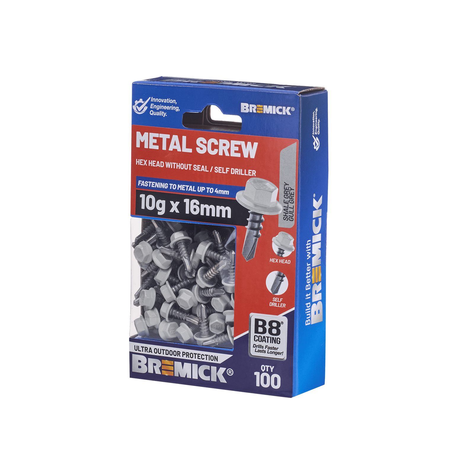 Bremick 10g x 16mm Carbon Steel Hex Metal Screws B8 Shale Grey - 100 Pack