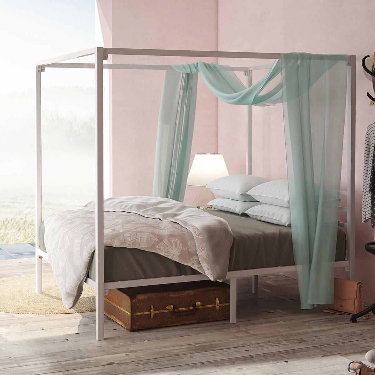 Zinus Patricia queen metal canopy bed frame - white finish, 35cm under-bed clearance - AU-CPBFW-Q