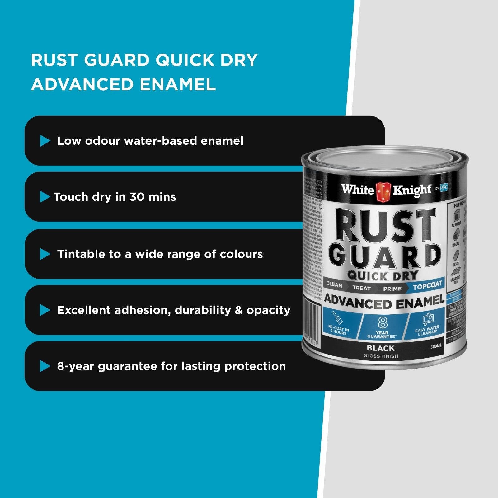 White Knight Rust Guard 500ml Black Gloss Quick Dry Advanced Enamel Paint
