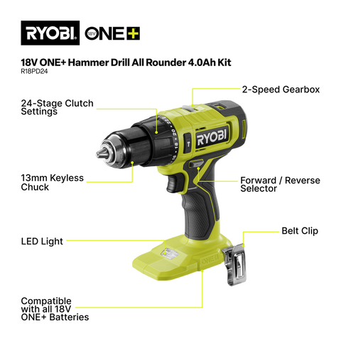 Ryobi 18V ONE+ Cordless Hammer Drill All Rounder Kit with 4Ah Battery & Keyless Chuck R18PD24