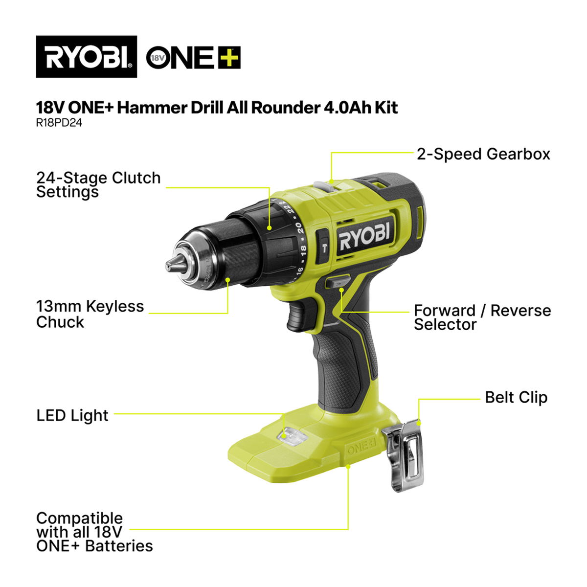 Ryobi 18V ONE+ Cordless Hammer Drill All Rounder Kit with 4Ah Battery & Keyless Chuck R18PD24