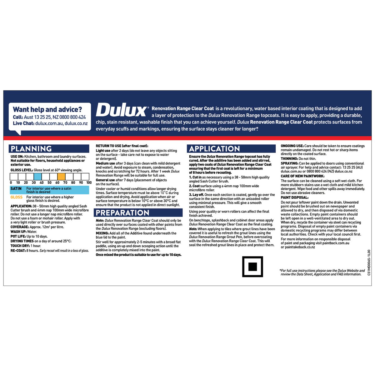 Dulux Renovation Range Clear Coat Satin - 1L - Satin Clear - Water-Based - SuperSaverAU - view 3