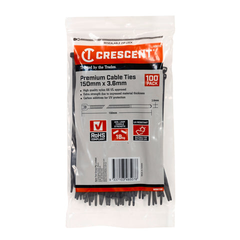 Crescent 150 x 3.6mm Black Nylon Cable Ties UV Resistant - 100 Pack