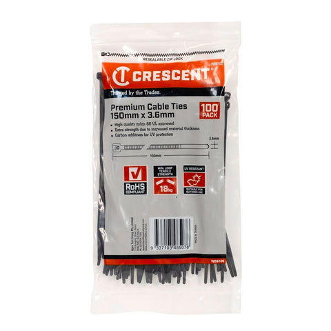 Crescent Cable Ties - 150 x 3 6mm - Black - 100 Pack - Nylon - UV Resistant - SuperSaverAU - view 1