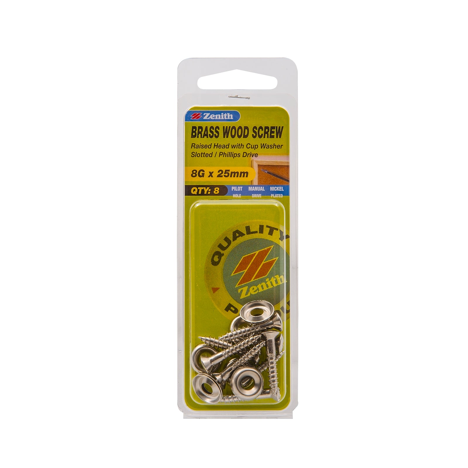 Zenith 8G x 25mm Nickel Plated Brass Raised Head Wood Screws with Cup Washer - 8 Pack