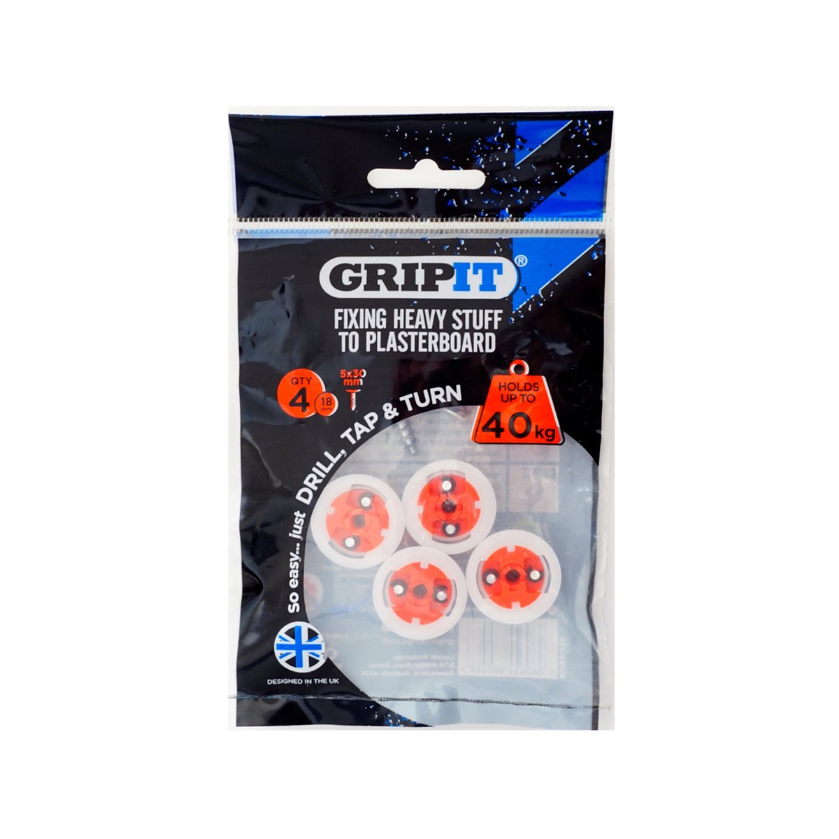 GripIt 18mm Red Plasterboard Fixing - 4 Pack, 40kg Capacity
