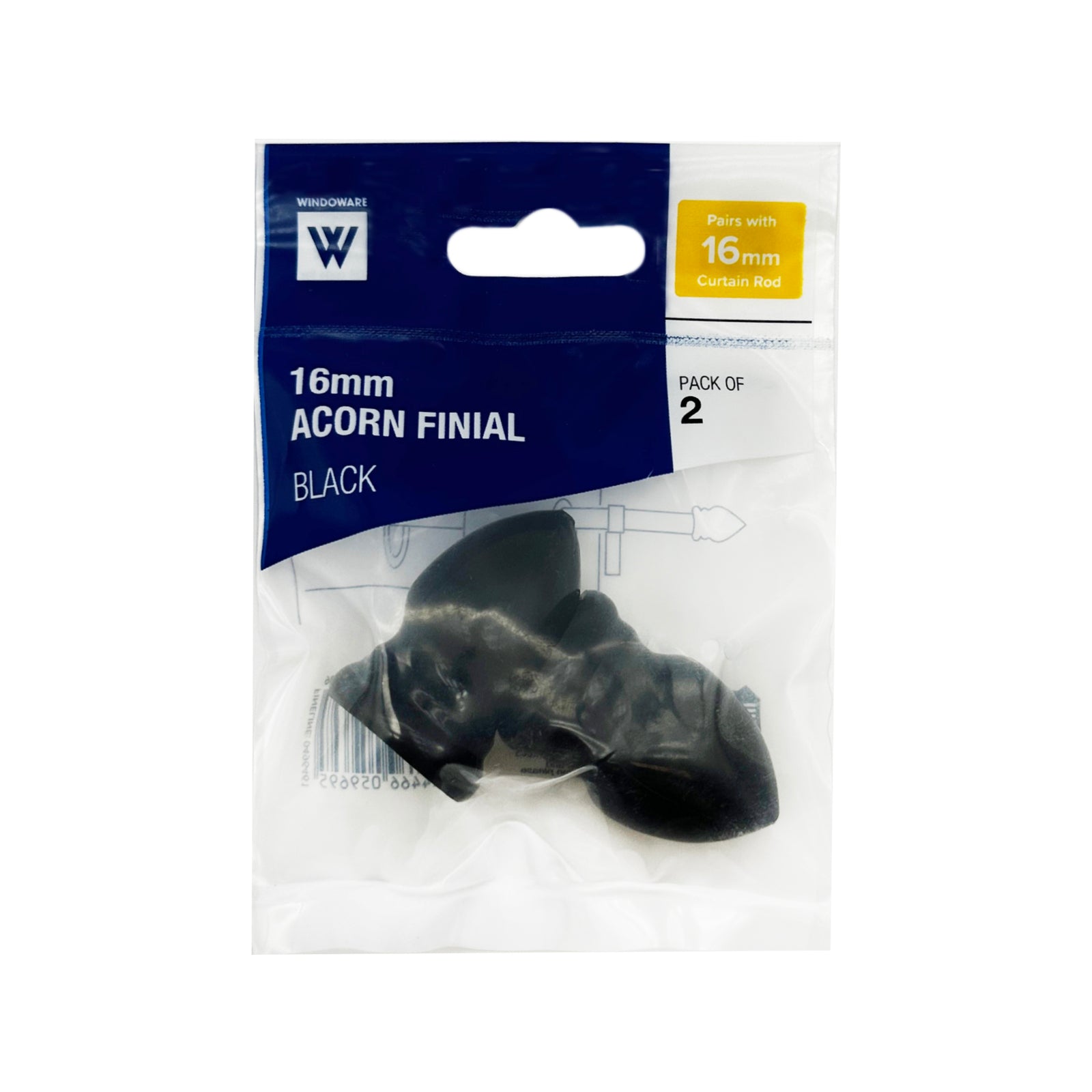 Windoware 16mm Black Curtain Rod Acorn Finial, 2 Pack