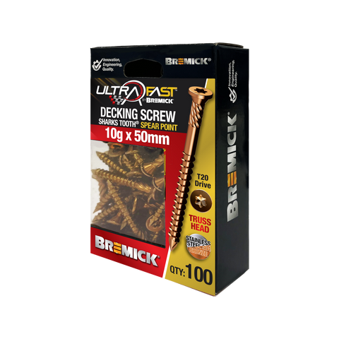 Bremick UltraFast 10g x 50mm 304 Stainless Steel Truss Head Deck Screws, Bronze, 100 Pack