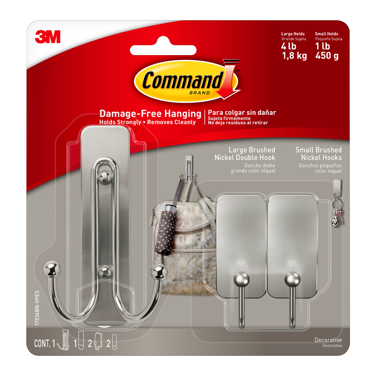 Command Brushed Nickel Large Double And Small Hooks - Damage Free, 3 Pack