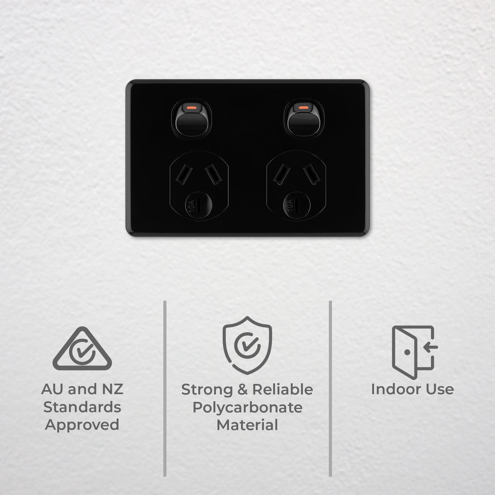 DETA X6 Double Power Point, Black Polycarbonate, 10A 250V, Clip-On Cover (6252BK)