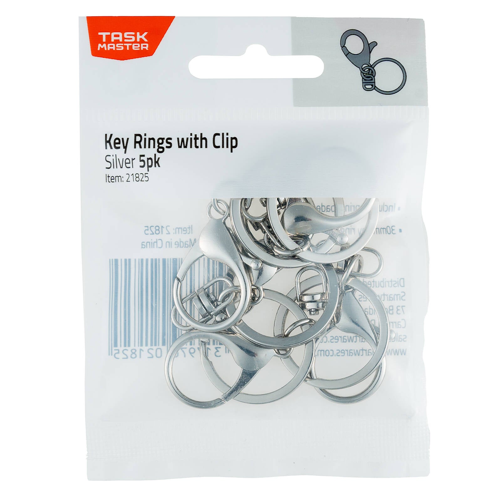 Taskmaster Silver Key Rings with Clip - 5 Pack