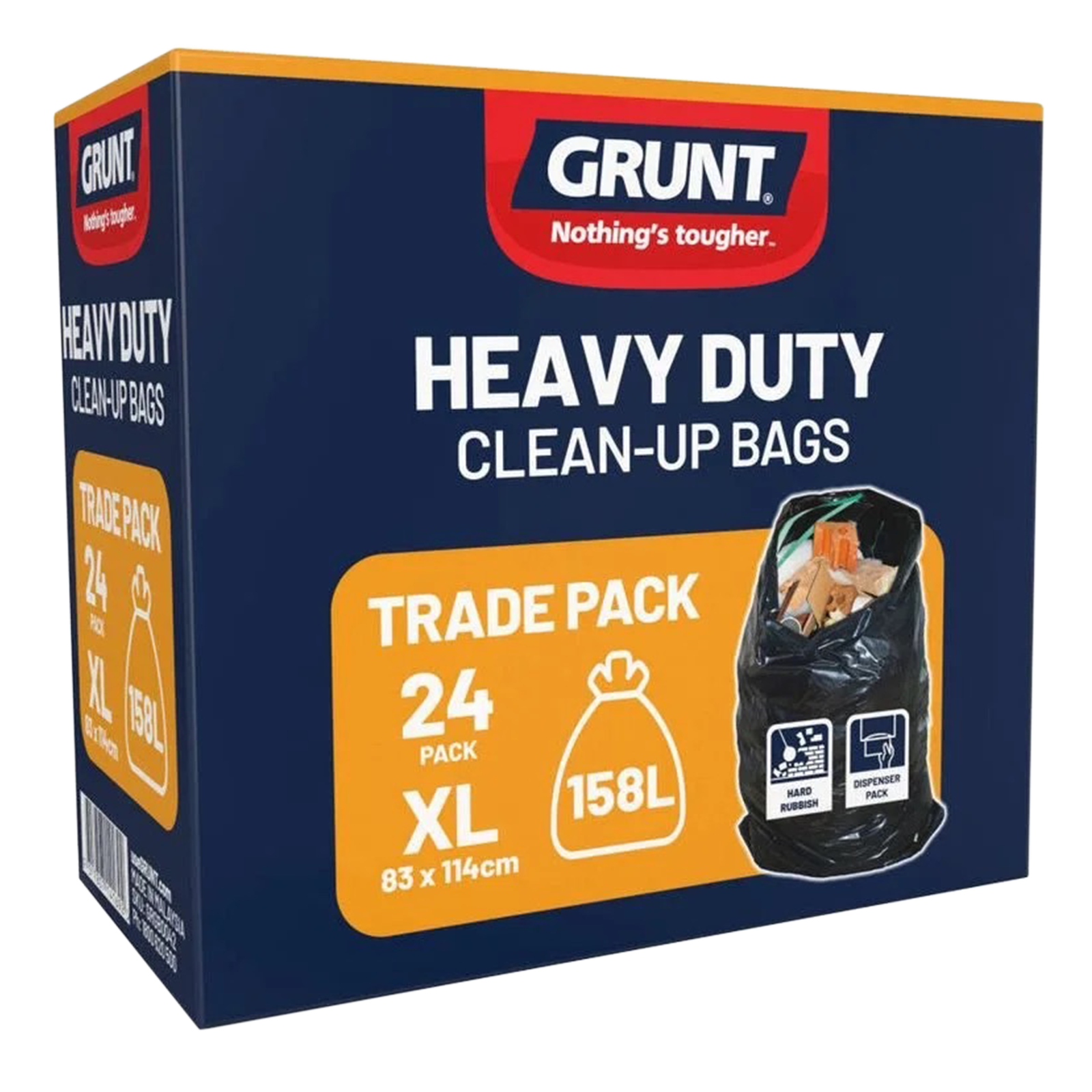Grunt 158L Trade Cleanup Rubbish Bags 1140 x 830mm Black 24 Pack