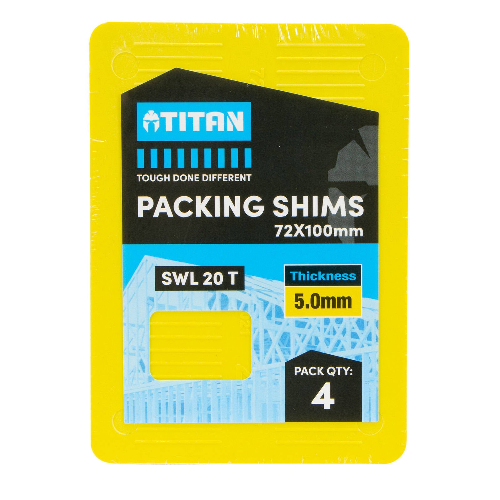 Titan Shim Packing 5 x 72 x 100mm, Yellow, No-Slip Ribbed Plastic, 4 Piece