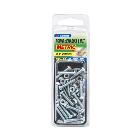 Zenith M4 x 20mm Zinc Plated Steel Round Head Bolt and Nut - 22 Pack