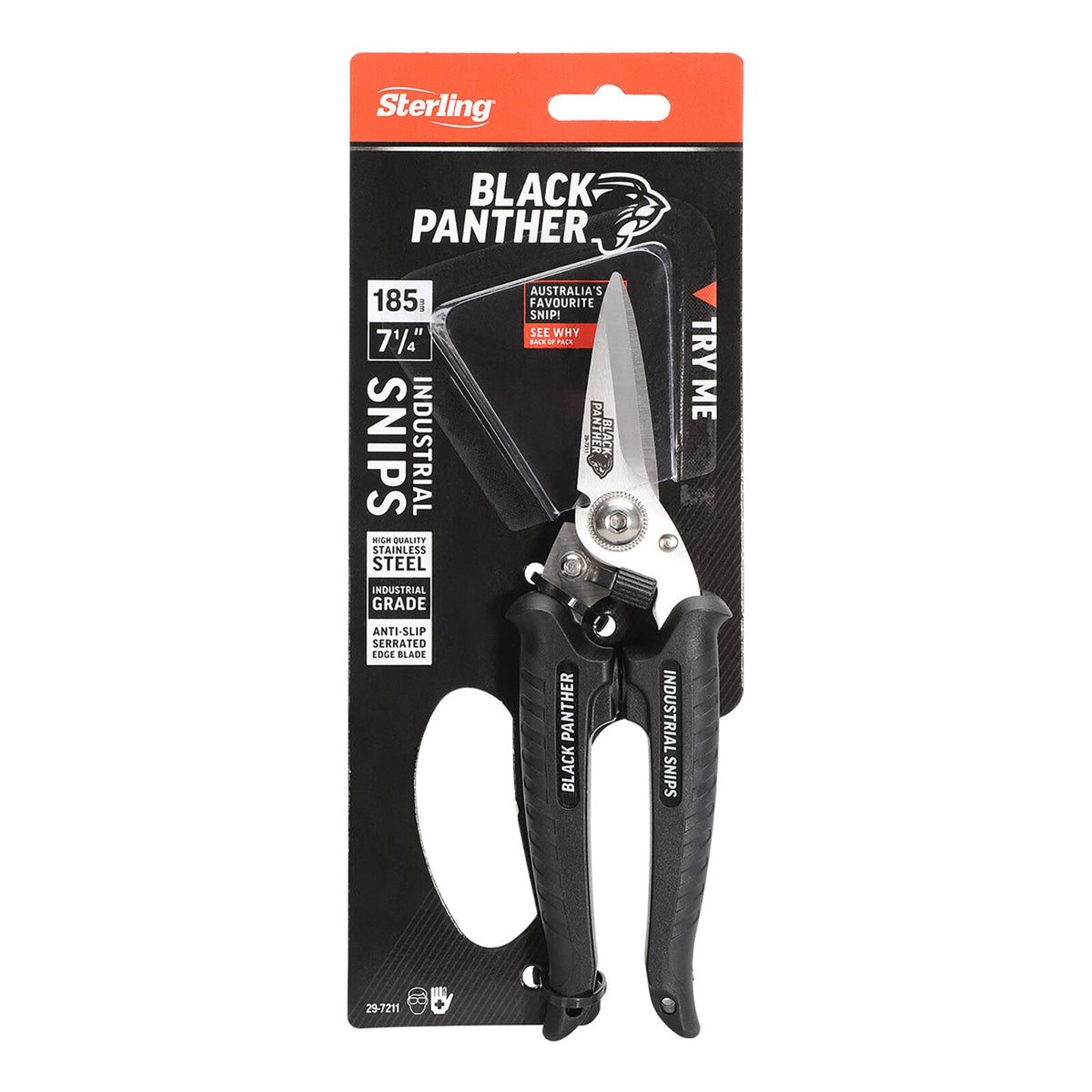 Sterling 185mm Black Panther Industrial Snips - Serrated Anti-Slip Blade
